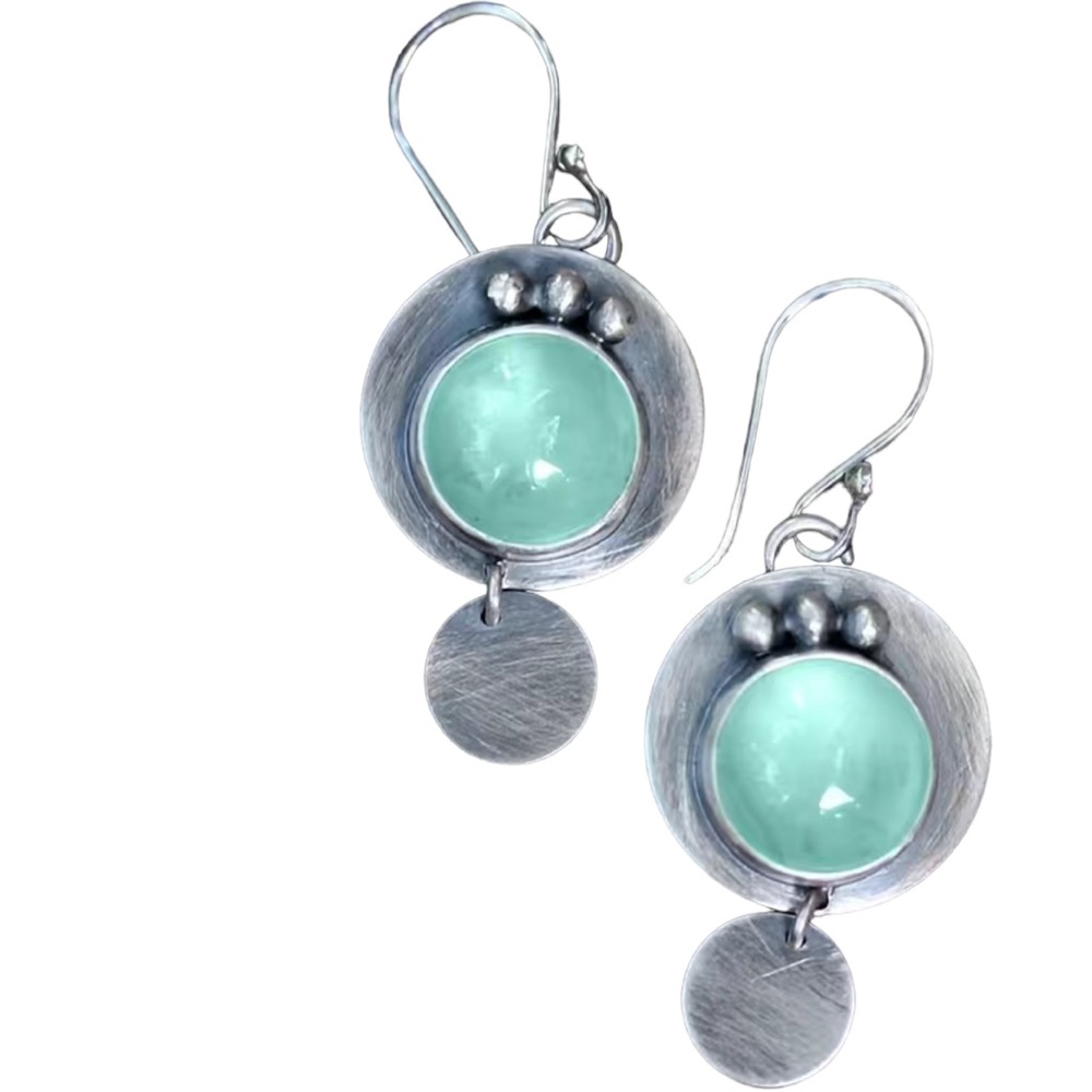 Geometric Silver Drop Earrings with Cat Eye Green Stone
